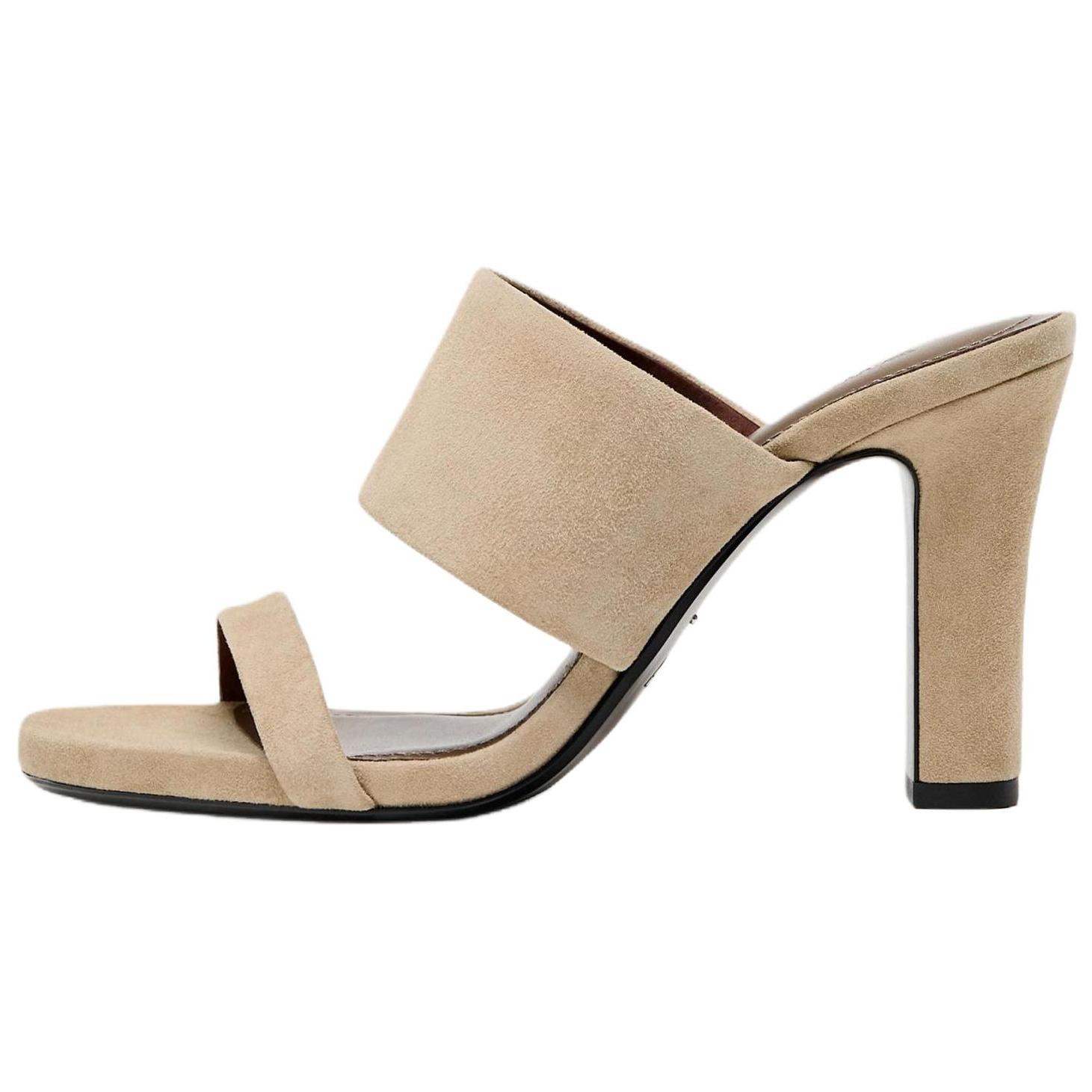 Zara Vintage Slip-On Suede Chunky Heeled Round Toe Mules Non-Slip Slide Sandals Women Footwear Beige 11334510098 38