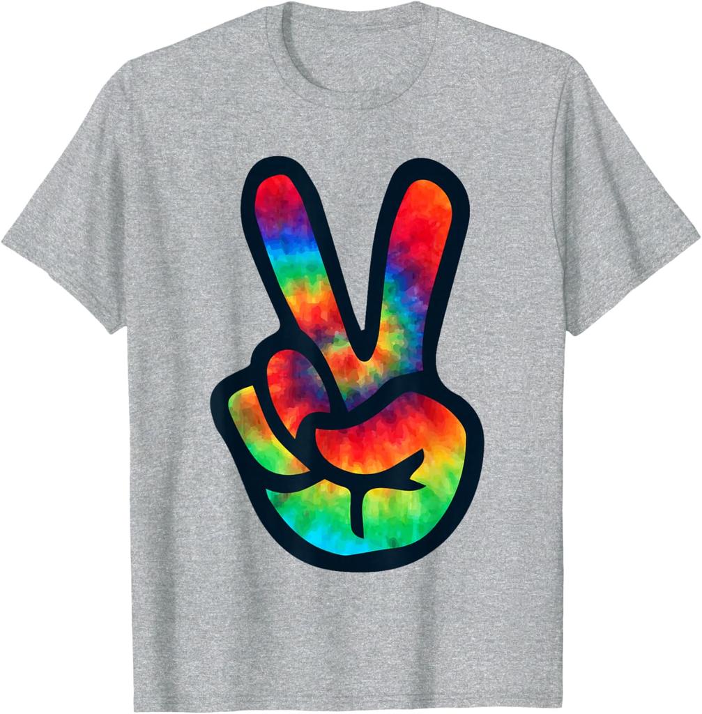 Tie Dye Peace Sign Hippie V Hand Graphic Short Sleeve Cotton Crew Neck TShirt
