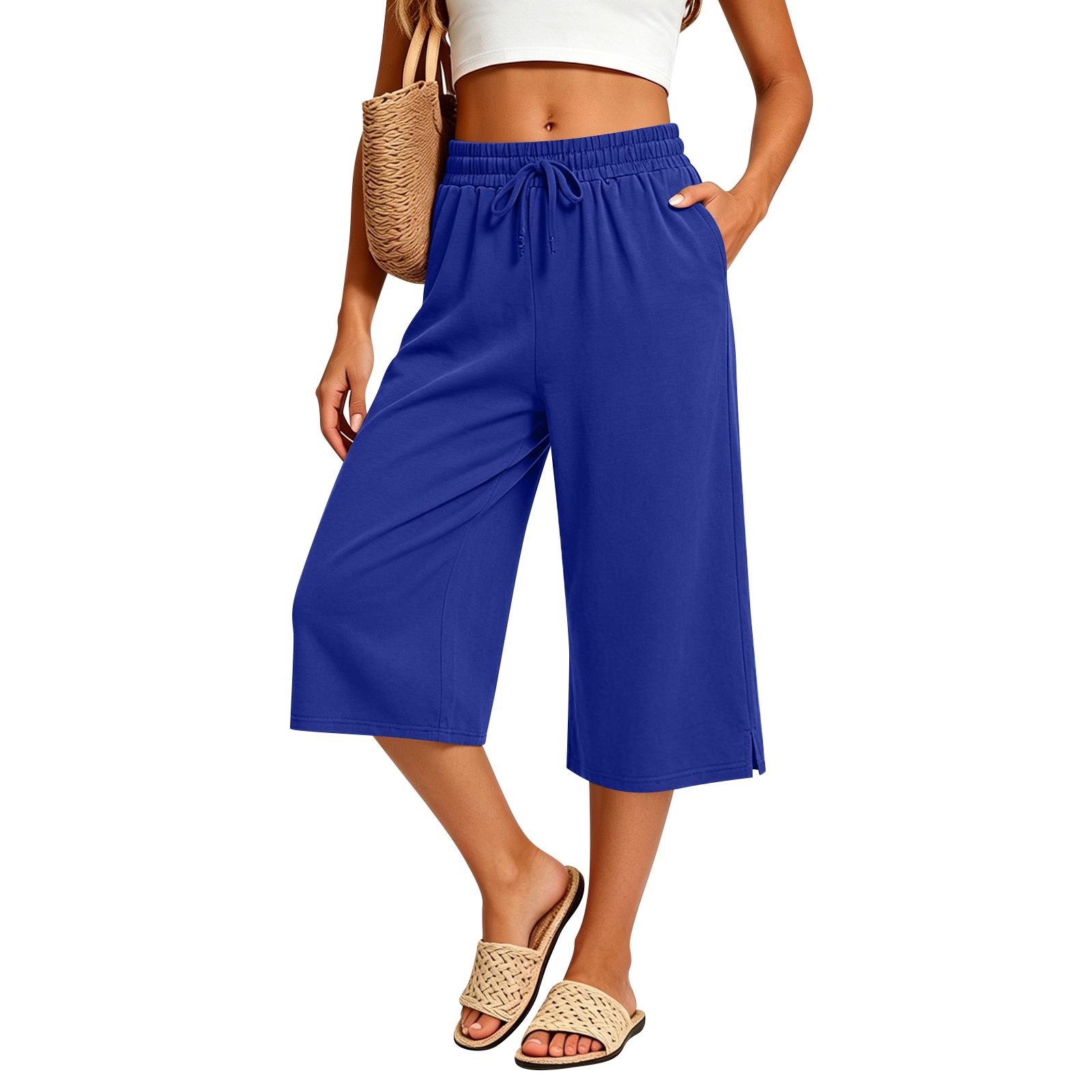 

Womens pants wide leg cropped pants for women with elastic waistband drawstring casual loose fit Womens pants pants for women XL синій