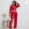 Europäischer & Amerikanischer Mode-Jumpsuit mit Gürtel, Patchwork, Langarm, Herbst/Winter-Stil