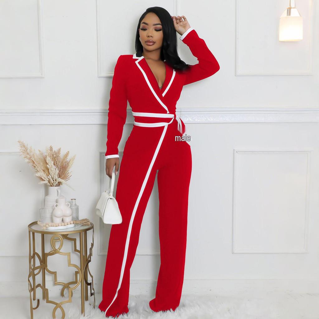 Europäischer & Amerikanischer Mode-Jumpsuit mit Gürtel, Patchwork, Langarm, Herbst/Winter-Stil