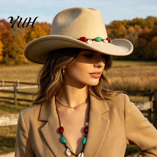 Vintage Style Headwear Wool Felt Fedora, Unisex Western Cowboy Hat, Retro Wide Brim Hat Cowgirl Jazz for Women Men Autumn Winter Travel Accessories