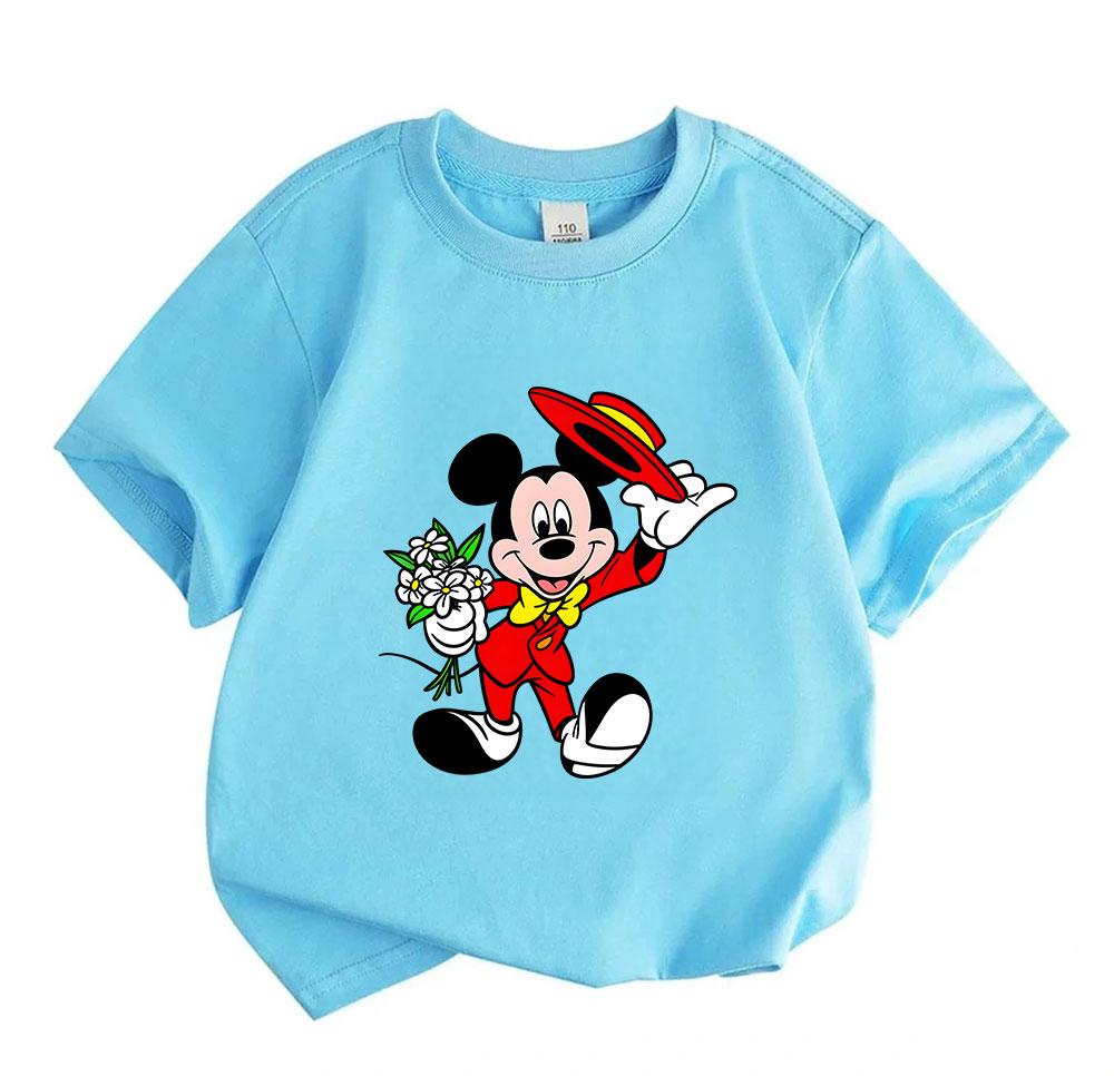 Kids Boys Girls 100% Cotton Crew Neck Short Sleeve T-Shirt, Cartoon Cute Mouse Holding Flowers Taking Hat Off Graphic Casual Soft Breathable Tee for D