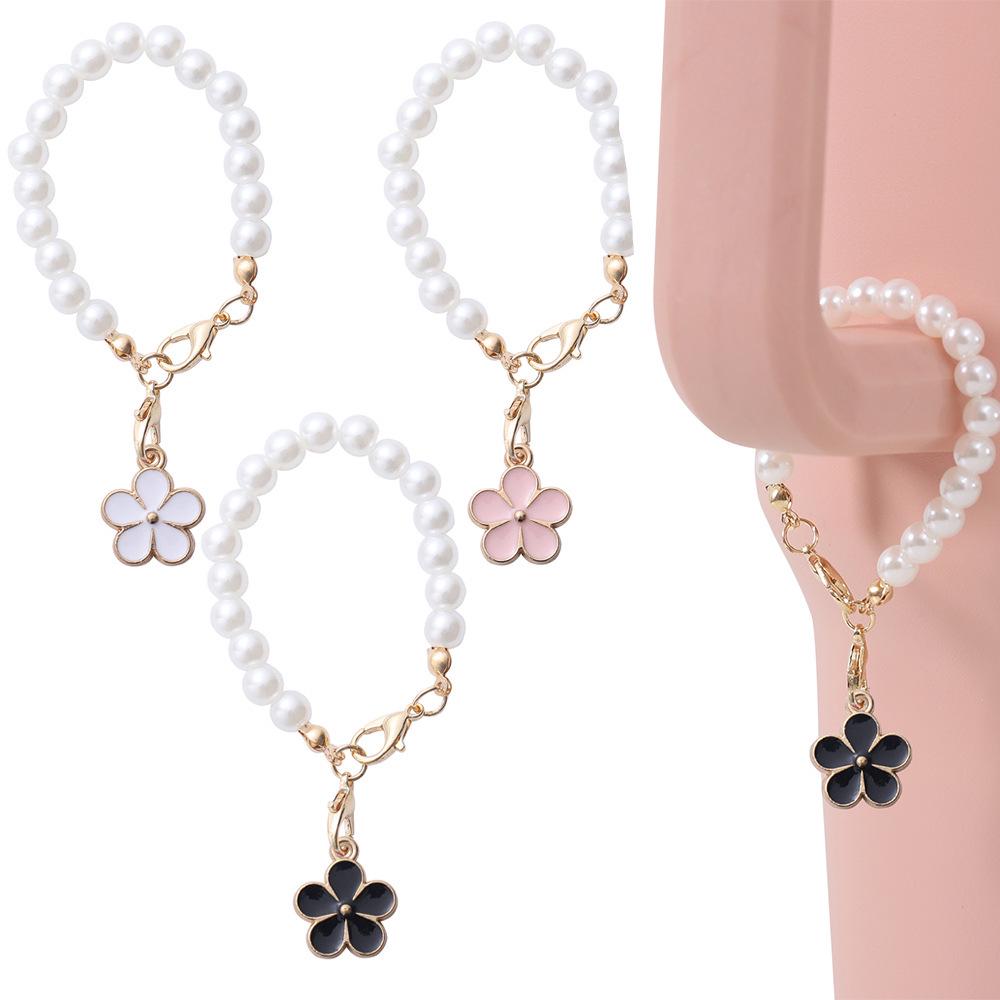Three-Piece Faux Pearl Flower Cup Chain Keychain