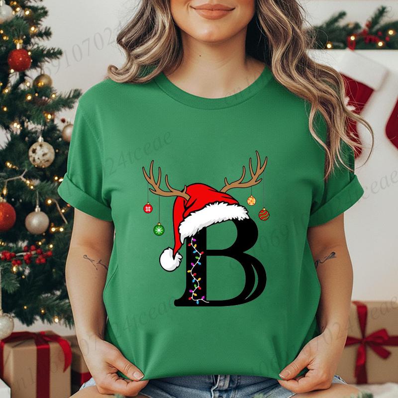 Fashion Christmas Alphabet Santa Reindeer Print T-Shirts Fashion Clothing Short Sleeve T-shirt Christmas Party Trend Women Tops