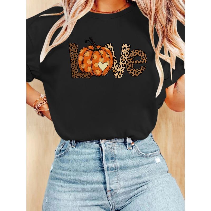 European Size Women'S T-Shirt-White Tee with Leopard Print 'L' & Pumpkin Accent - Breathable Everyday Casual Outfit - Soft Round Neck Short Sleeve Top