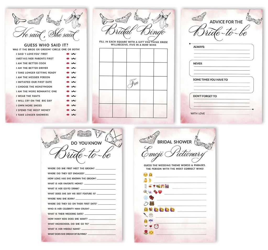 Inkdotpot Bridal Shower Games Set of 5 (Activities for 50 Guests) Lingerie Shower Theme Fun Bachelorette Party Games Set Bundle
