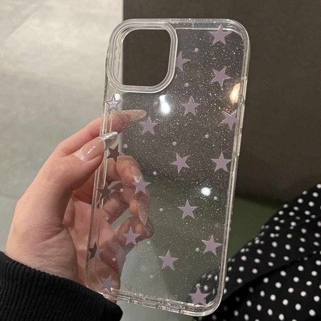 Korean Glitter Star Phone Case, Compatible with iPhone 12, 13, 14 Pro Max, 15 - Transparent for Women
