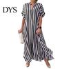 Lightweight Summer Dress Women Striped Print Color Matching V Neck Short Sleeves Loose Lady Maxi A-line Side Split Commute Casual Long Sleeve