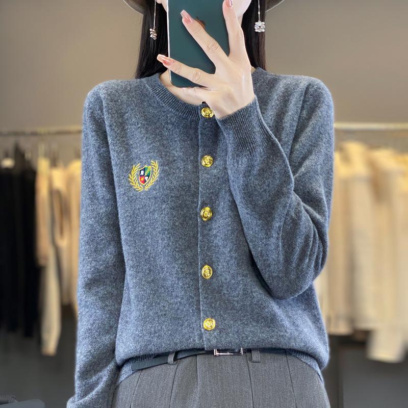 100% Wool Women's Embroidered Knit Cardigan - Spring Long Sleeve, Versatile, Thin, Solid Color