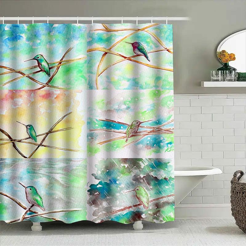 Watercolor Birds Shower Curtain Hummingbird Decor for Bathroom 3D Printed Fabric Waterproof Bath Mat Cover Available In Various