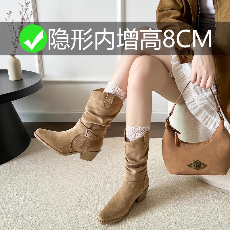 Inner Height Increase~ Short Boots Coarse Heel Frosted Western Boots Ins Trendy High Heel Pile Boots Skinny Versatile Folded Knight Boots