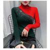 Women's Color Block Rhinestone Half-High Neck Long Sleeve Fleece-Lined Base Layer T-shirt - 2025 Autumn/Winter Fashion.