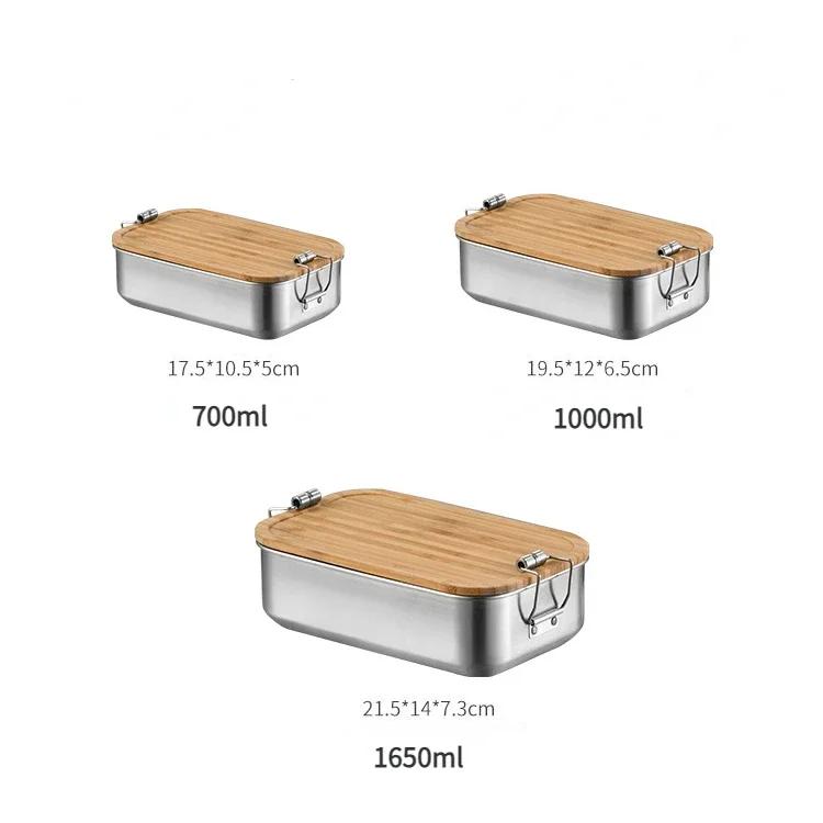 304 Stainless Steel Lunch Box with Bamboo Wooden Lid Japanese Style Bento Box Portable Leak-Proof Picnic Food Storage Container
