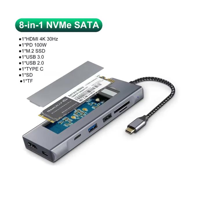 

Док-станция USB C 8 в 1 Корпус для M.2 SSD USB C HUB TYPE C к HDMI адаптеру 4K30Hz PD100W USB3.0 5 Гбит/с 10 Гбит/с для Macbook