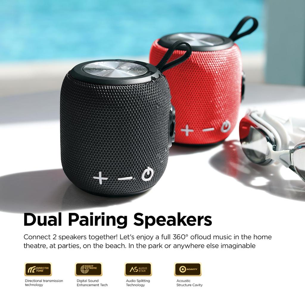 Sanag M7 Portable Bluetooth Dual Wireless Mini 360 HD Surround Sound Rich Stereo IP67 for and Red Speaker, 5.0 Pairing, Speaker, & Bass, 24-Hour
