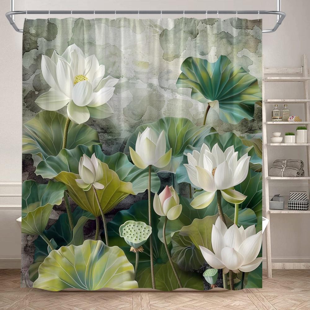 Lotus Shower Curtains White Floral Green Leaves Plant Chinese Style Art Bath Curtain Polyester Bathroom Bathtub Decor With Hooks