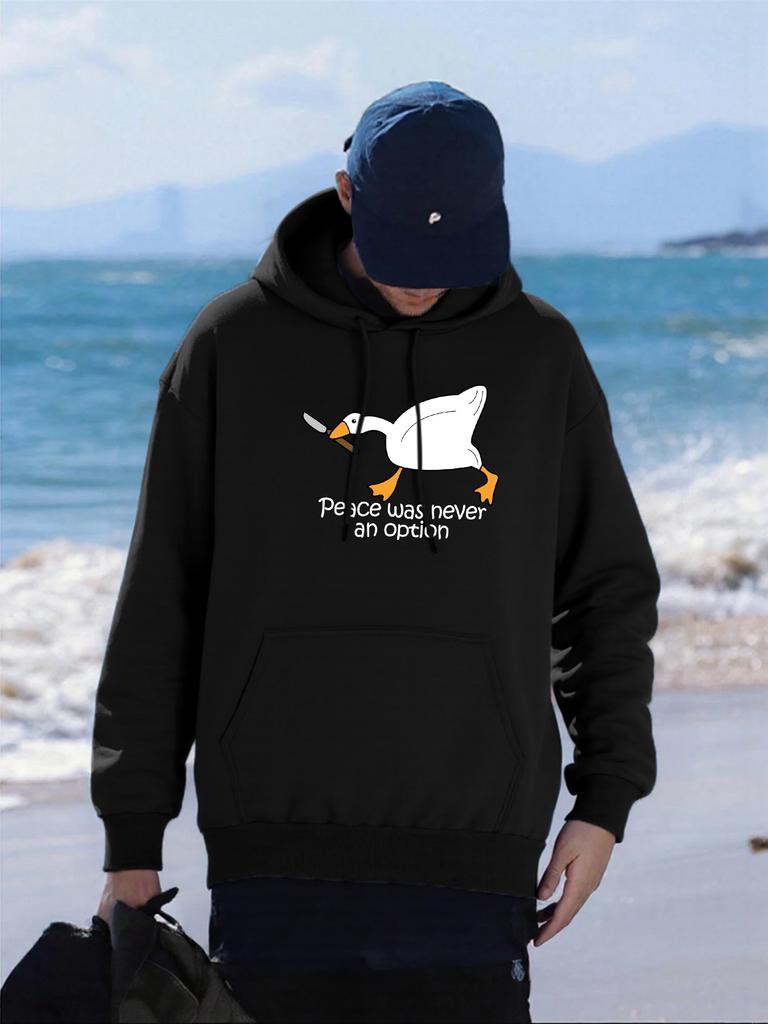 Peace Was Never An Option Duck Printing Hoodies Male Autumn Casual Hoody Fleece Comfortable Pullover Pocket Loose Streetwear