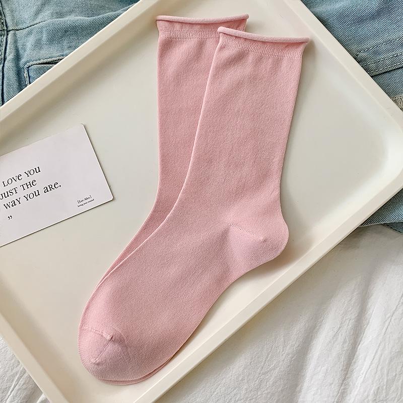 

Женские хлопковые носки до середины икры однотонные - японский подвернутый край для весны и осени, присборенный стиль, универсальные. One Size