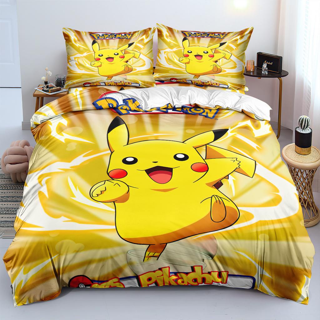 New P-Pokemon Bedding Set Cartoon Anime Pikachu Printed Duvet Cover Comforter Pillowcase Boys Girls Children Adults King Gift