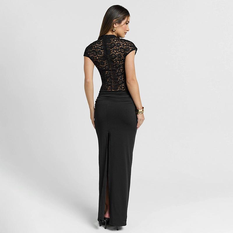 Autumn/Winter Women's Sexy Slim Lace High Neck Back Slit Dress