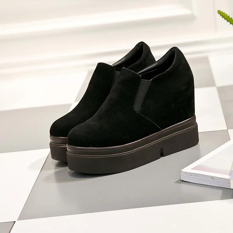 

Модные 10 см микрофибровые кроссовки на танкетке с танкеткой, женская обувь, скрытый каблук, черные женские мокасины, осень-весна-зима, ретро, плюшевые теплые ботинки 39 чёрный
