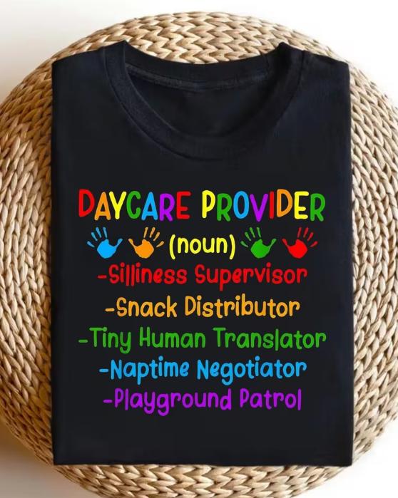 Women Funny Daycare Provider Graphic T Shirt Rainbow Color Letter Handprint Print Round Neck Short Sleeve Casual Childcare Staff Gift Tee