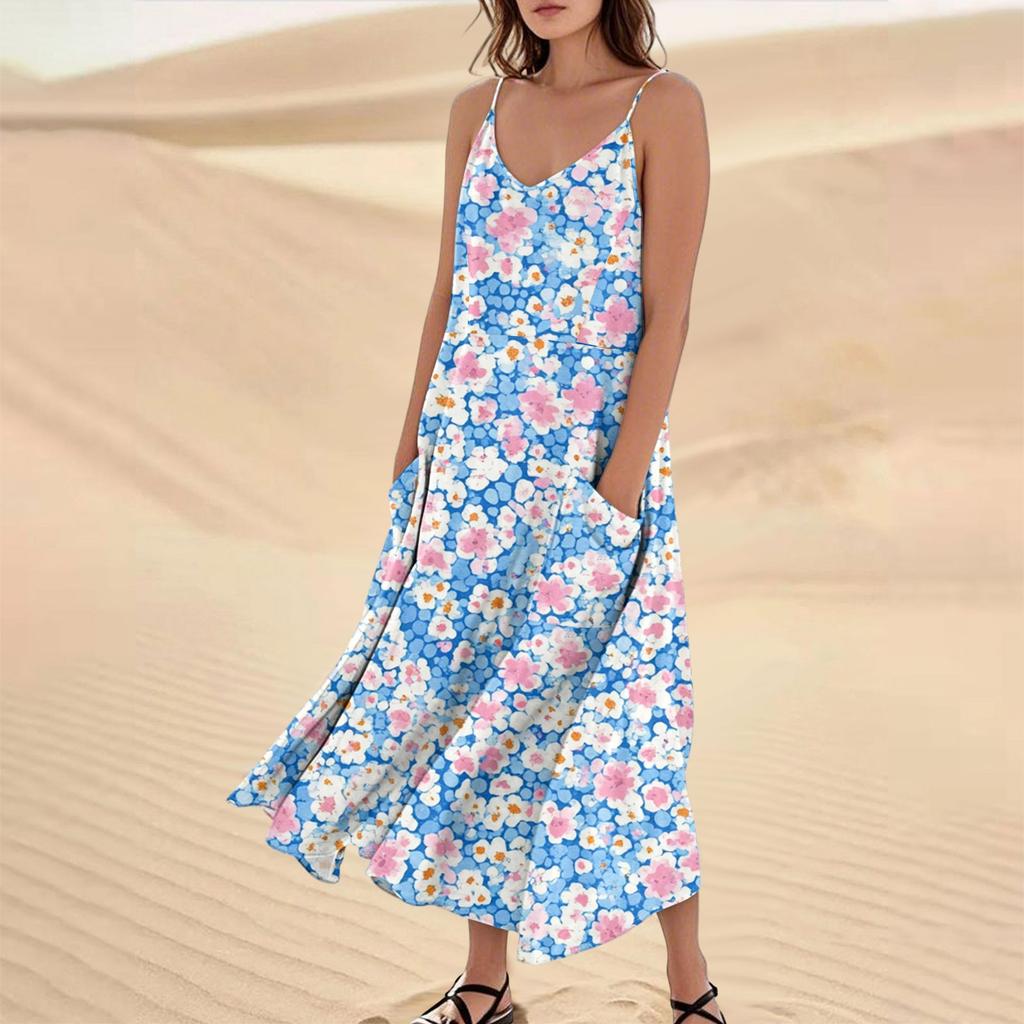 Women's Fashion Casual Floral Print Sleeveless Pocket Long Beach Dress