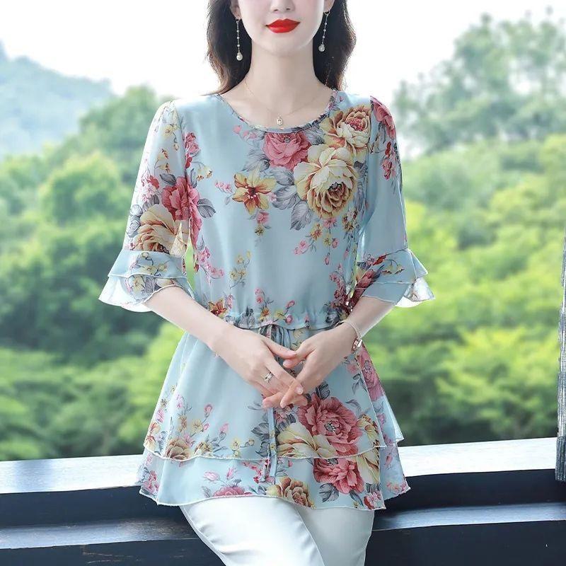 Women's Summer Fashion Floral Print Chiffon Shirts Female Loose Short-sleeved Tops Ladies O-neck Casual Blouses