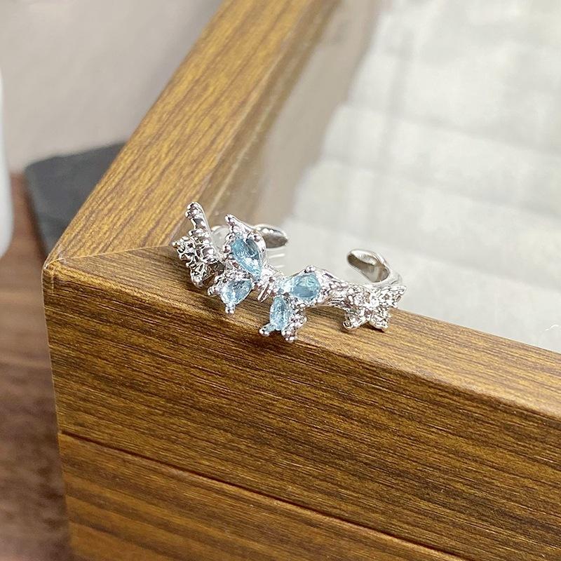[Ice Crystal Butterfly Shadow] Sea Blue Zircon Exquisite Butterfly Opening Ring Light Luxury Niche Super Immortal Stacked Ring Woman