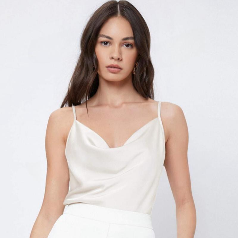 

Летние повседневные топы без рукавов на атласной основе, женские свободные майки с ворсистым воротником, элегантные облегающие простые женские майки на бретелях 26559 M белый