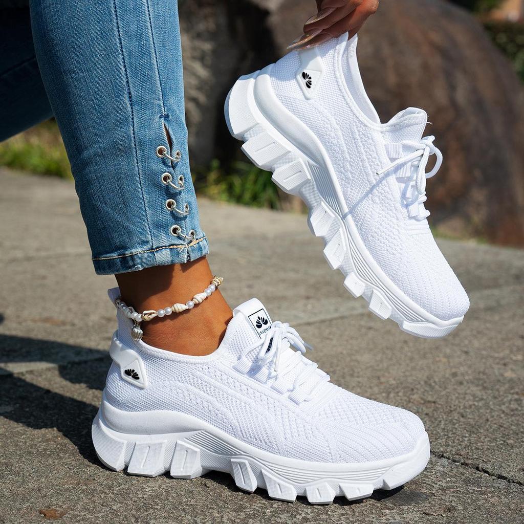 Spring Women Shoes Orange Sneakers Woman Knitted Shoes Breathable Mesh Ladies Casual Shoes Platform Lace-up Soft Thick Sole