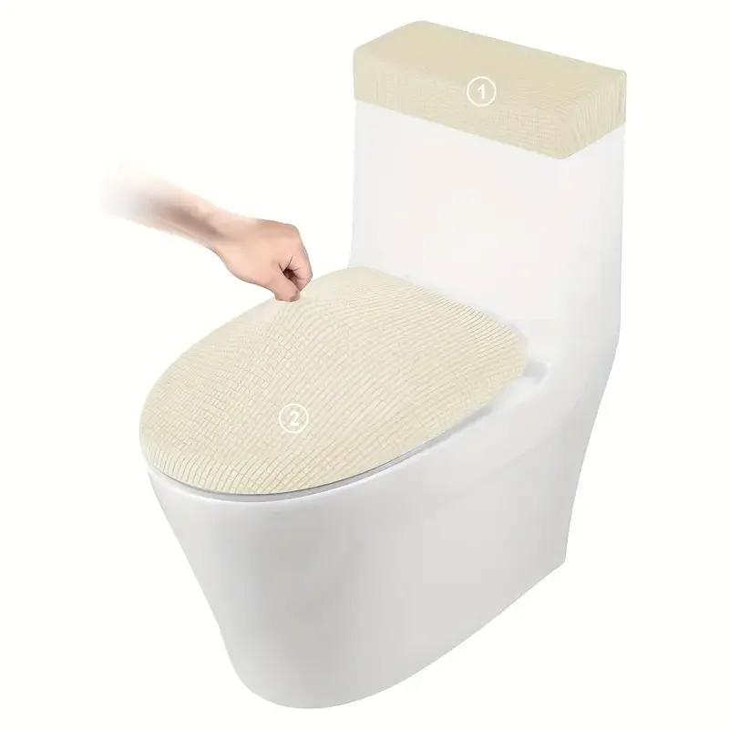 

Polar Fleece Toilet Lid Cover and Toilet Tank Cover 2pcs/set Elastic Toilet Covers Removable Solid Color for Home Hotel Bathroom