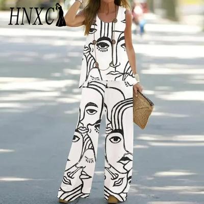 Conjunto de dos piezas de top sin mangas estampado informal de verano para mujer y pantalones holgados de cintura alta