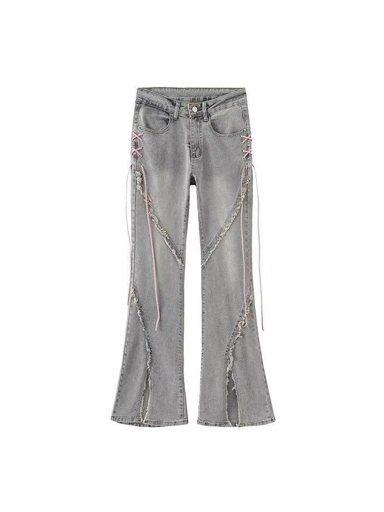 Women's High-Waist Strappy Flared Jeans - Autumn New Slim Fit with Elastic Split