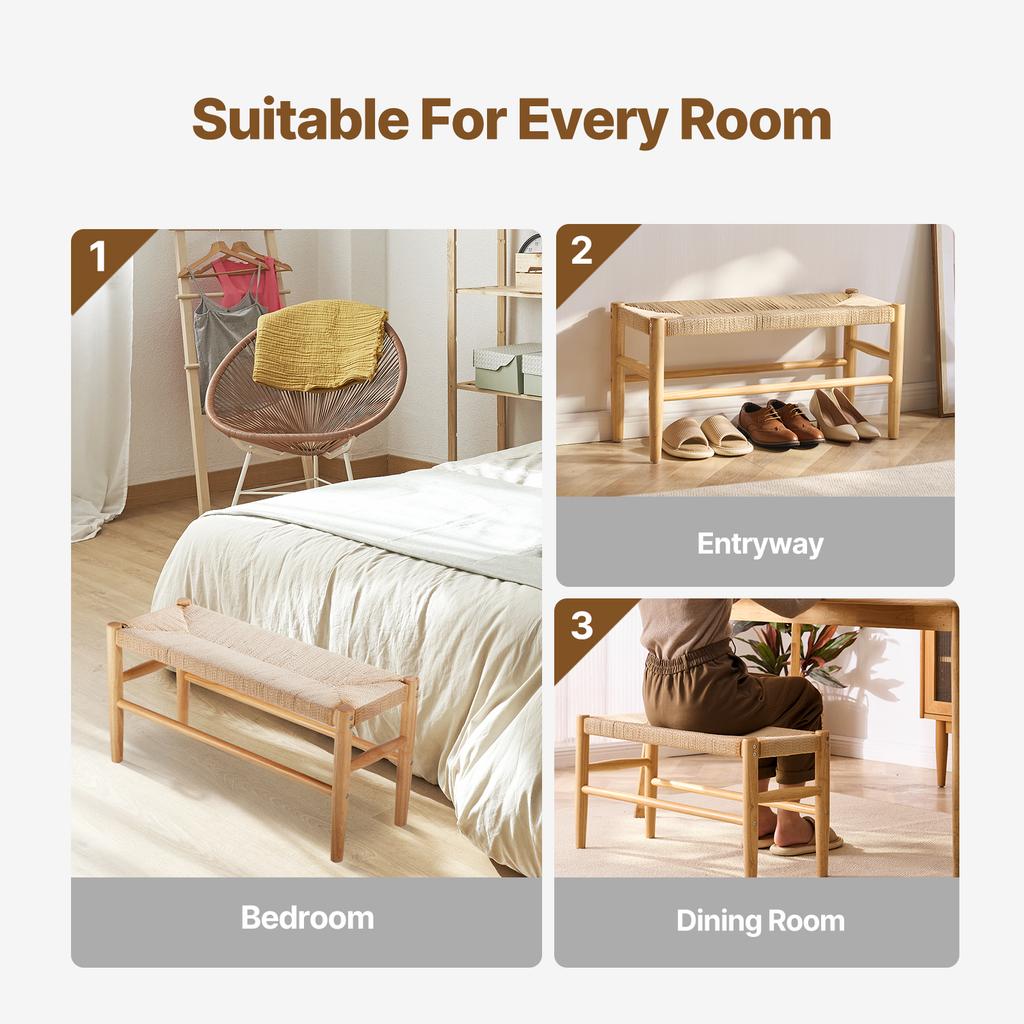 VEVOR Wooden Rattan Bench Entrywway Bench W/ Oak Wood Legs Bedroom End of Bed Boho Bench with Hand Woven Rattan for Living Room