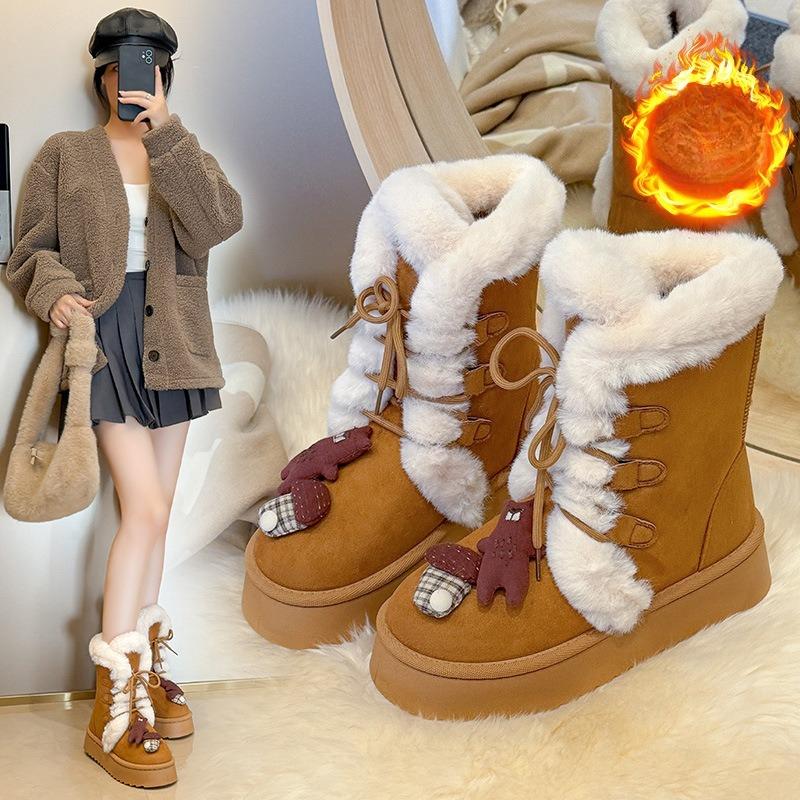 Women's Large Size Lace-up Fur Mouth Thick Sole Soft Sole Winter Warm Fur Snow Boots Padded Lined Ankle Boots Non-Slip Hiking Sports Cotton Boots