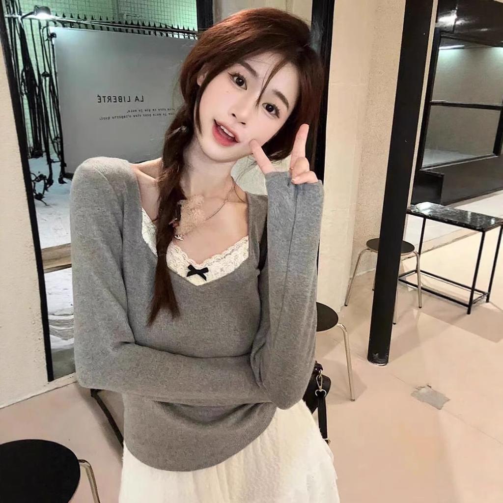 Autumn and Winter German Velvet Slim-fitting Long-sleeved Bottoming Shirt Women's Lace Splicing V-neck T-shirt Pure Desire To Look Thin Bow Top