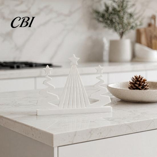 Holiday Desk Ornament 3D Printed Abstract Christmas Tree Figurine, Modern Minimalist Xmas Pure White with Star Topper for Home, Office, Party