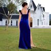 Royal Blue Velvet Tube Top Fishtail Dress, Waist Pleated Split Fork Long Banquet Dress Host Evening Dress