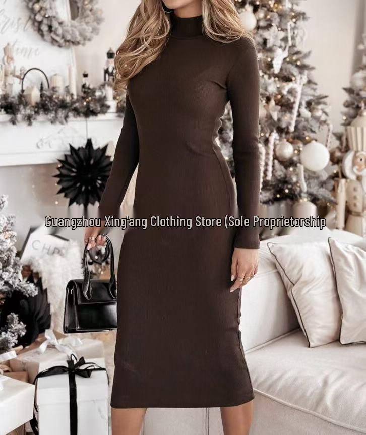 2026 Elegant Solid Color High-neck Bodycon Dress XL кофейный