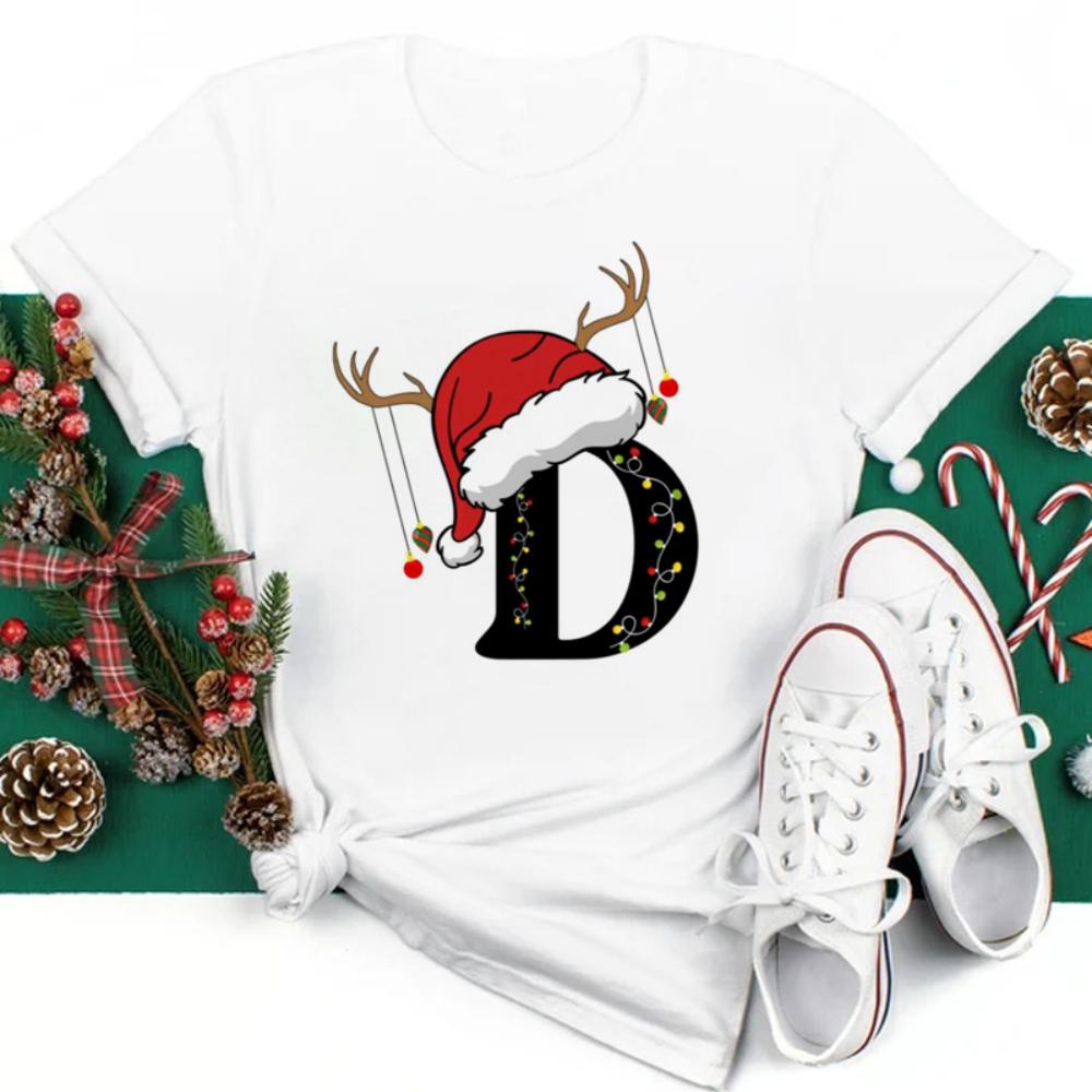 Christmas Hat A To Z Letters Oversize Tshirt Christmas Family Gathering Activity Shortsleeved Shirt Oversize Streetwear Fashion