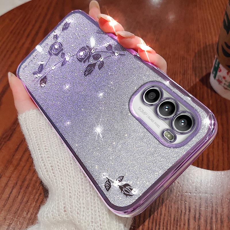 

KADEM For Motorola Moto G82 5G/G52 4G/G71s 5G Case Soft TPU Rhinestone Phone Cover with Strap Purple