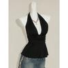 Women Halter Tie Back Backless Short Ruched Fitted Summer Camisole