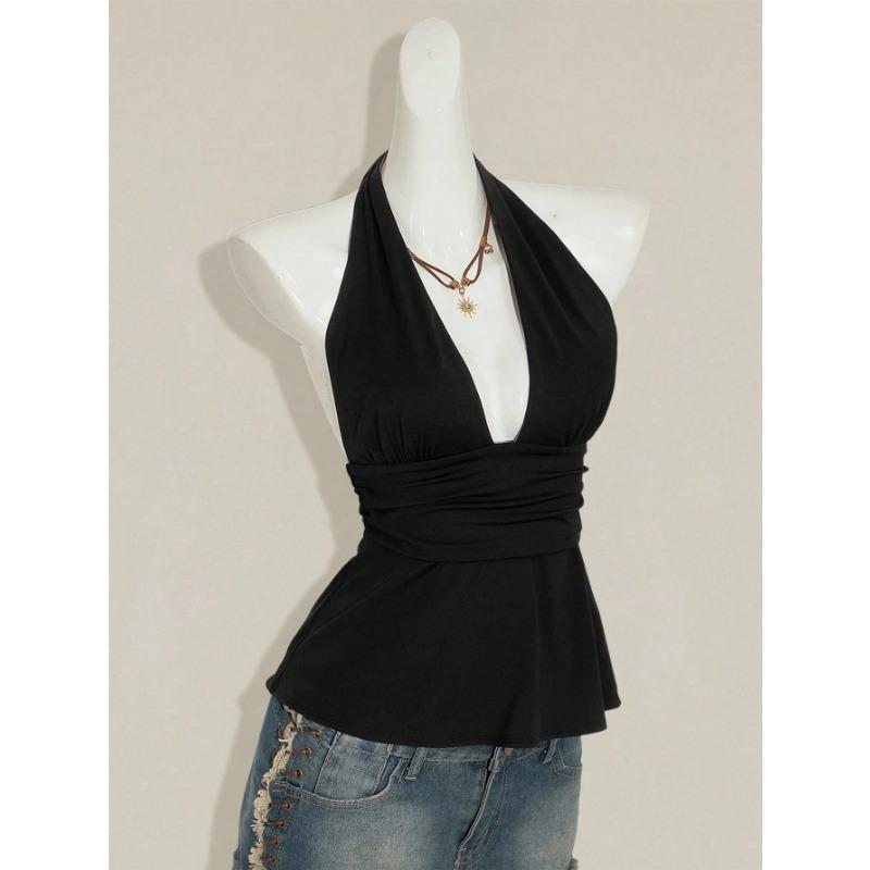 Women Halter Tie Back Backless Short Ruched Fitted Summer Camisole