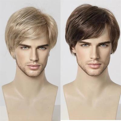 Peruca Sintética Castanha Natural para Homens Respirável Resistente ao Calor Cosplay Halloween Peruca Masculina Curta com Franja