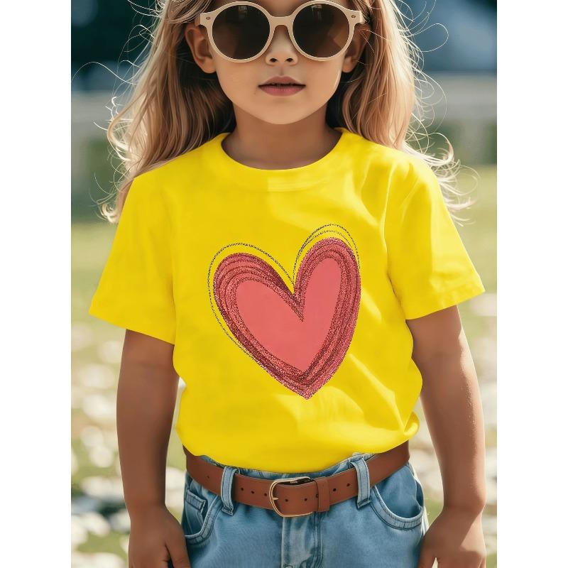 European sizes Fashionable Girls' T-Shirt with Large Heart Pattern | Eye-catching Pink Heart with silvery Outline, Ideal for Summer Casual Wear