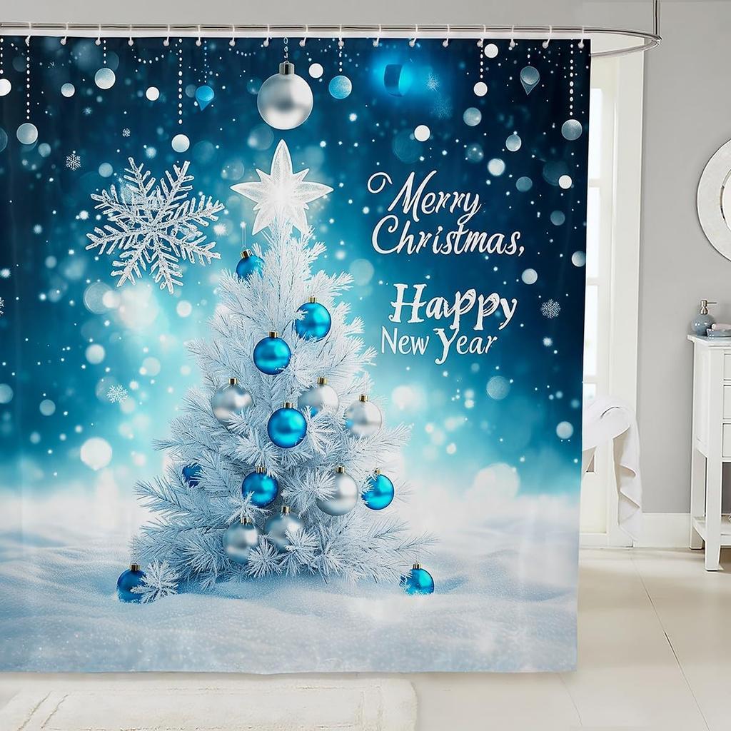 Christmas Happy Santa Claus Shower Curtain Red Xmas Decorations Fabric Shower Curtain,White Snowflake Bathroom Shower Curtain