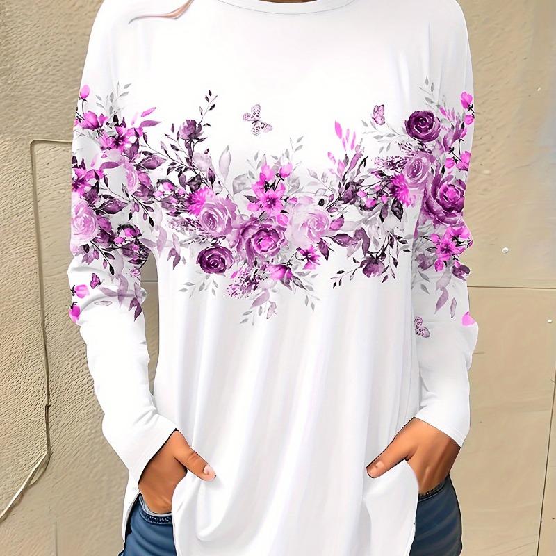 Fashion Women's Floral Graphic Elegant O-Neck Long Sleeve T-Shirt Y2K Casual Tops Womens Clothing Harajuku Pullover