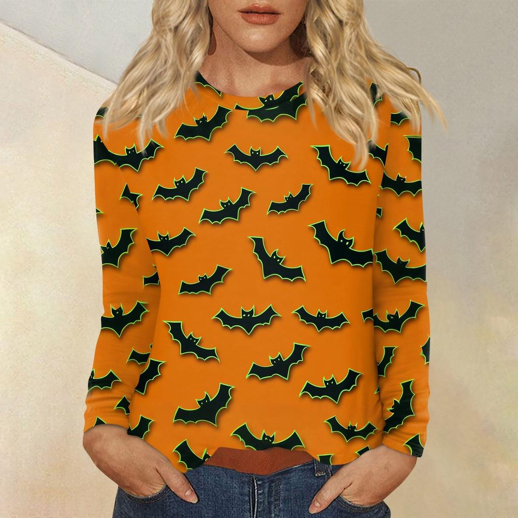 Dámská módní ležérní halenka s potiskem Halloweenu, s kulatým výstřihem a dlouhým rukávem